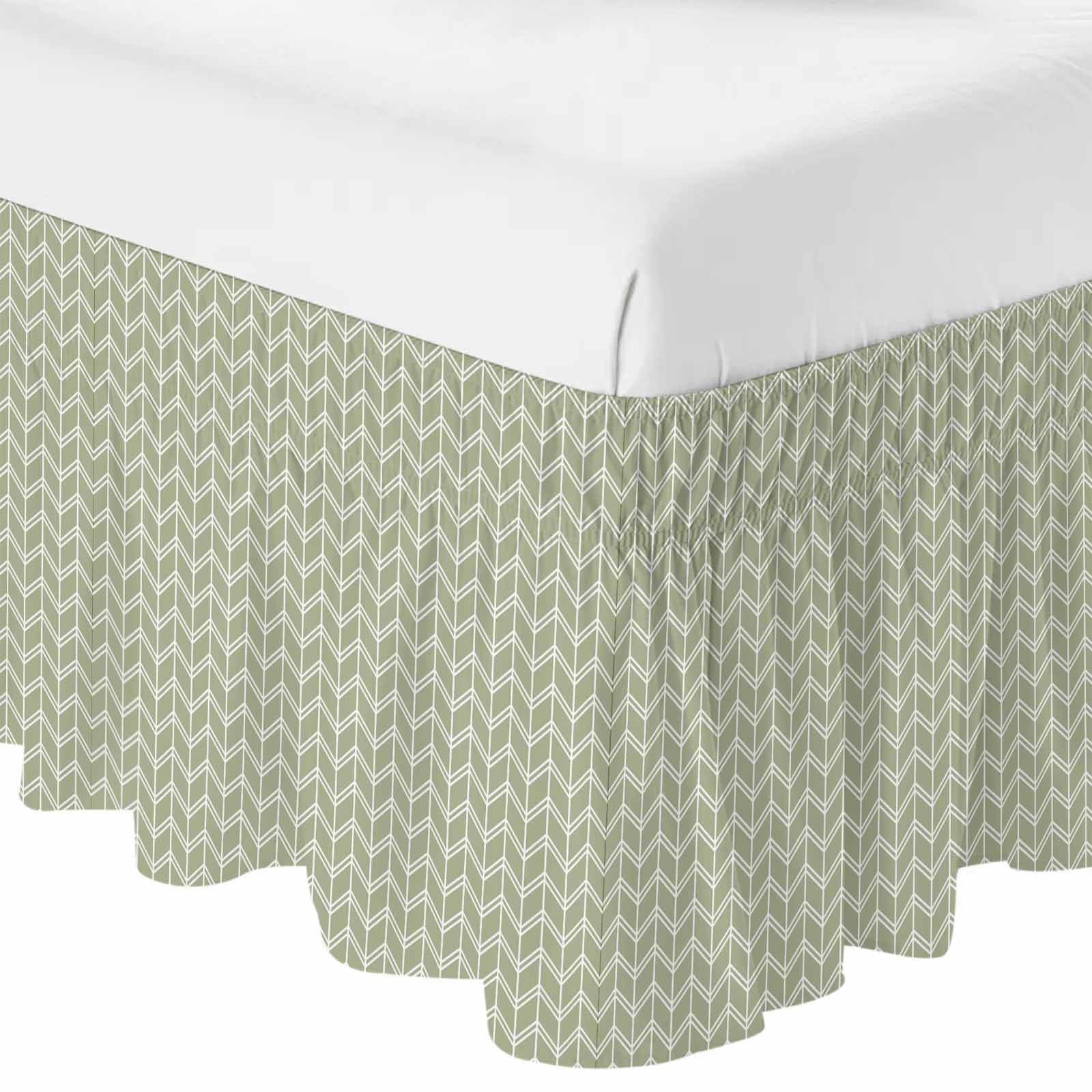 Bed Skirt Striped Adjustable Elastic Wrap-Around Dust Ruffle with Abstract Chevron White Line Sage Green Bohemian 18 Inch Drop, Bed Frame Cover for Queen Size Bed