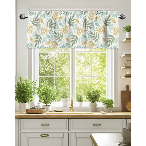 Curtain Valance for Windows,Country Watercolor Leaves Seamless Kitchen Valances Rod Pocket Short Curtains,Jungle Green Leaf Window Treatment Panel for Bedroom Bathroom 54"x18"
