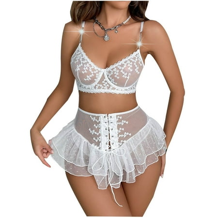 Odeerbi Women s Lingerie Corset Set 2025 Valentine s Day Solid Color Lace Fringe Sexy Sexy Underwear Body Shaping Set White