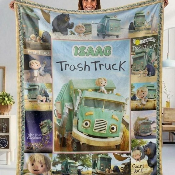 Personalized Trash Truck Name Flannel Blanket, Cartoon Throw Blanket, Birthday Gift, Bed Couch Sofa Flannel Blanket Gift, Christmas Gift
