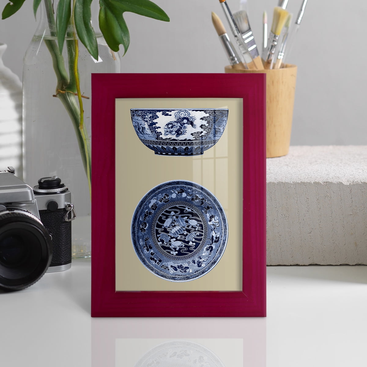 Porcelain in Blue and White I -Framed Print w/glass-Cherry Red