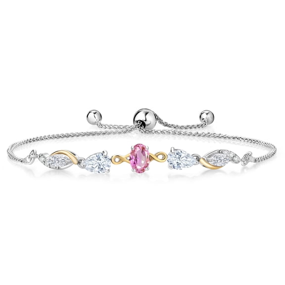 Gem Stone King 925 Silver and 10K Yellow Gold Pink Sapphire and White Moissanite and Lab Grown Diamond Tennis Bracelet for Women By Keren Hanan (1.64 cttw, Adjustable up To 9 inch)