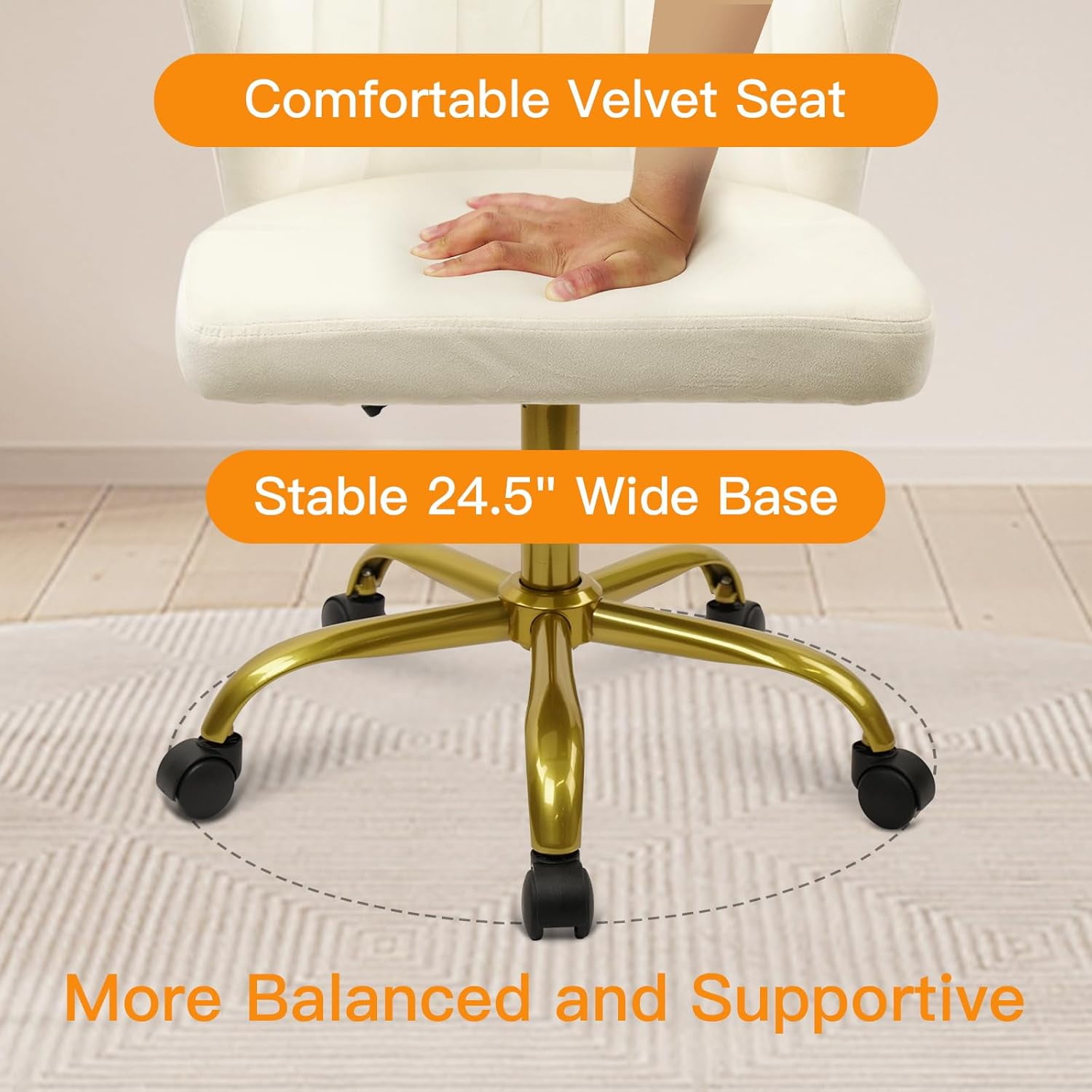 CLATINA Home Office Desk Chair Velvet Vanity Chairs Gold Base, Ergonomic Small Cute Chair Adjustable Height with Wheels Rolling Armless Chair Swivel Task Chair for Study Living Room Bedroom, White
