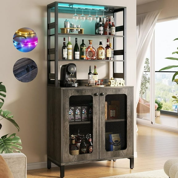 iSunirm Tall Wine Bar Cabinet with LED Light and Power Strip, 67'' Standing Liquor Cabinet with Door & Glass Holder, Coffee Bar Cabinet, Bakers Rack Cabinet, for Living Room, Kitchen, Black Oak