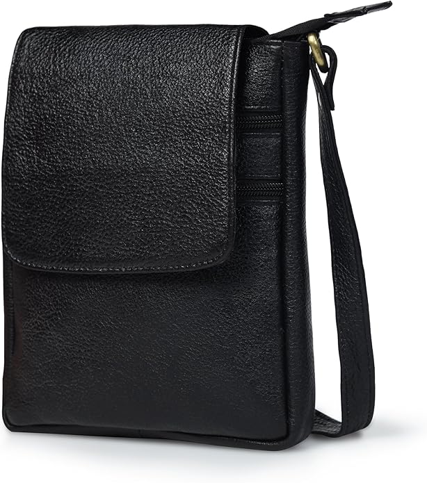 ADYAN Black Genuine Leather Crossbody Messenger Bag for Men and Women Travel Shoulder Bag with Adjustable Straps Compact Stylish Everyday Pouch for Office Work and Casual Use 7x8.5x1.5 Inch