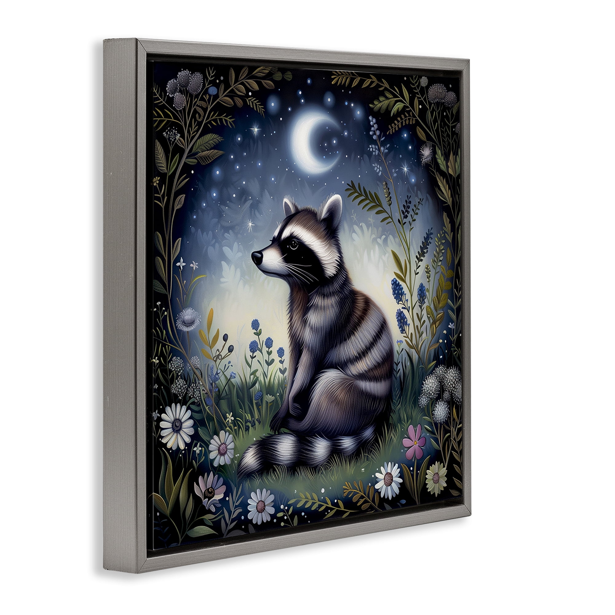 Stupell Industries Raccoon Under Night Forest Animals Painting Gray Floater Framed Canvas Art Print Wall Art, 25 x 25