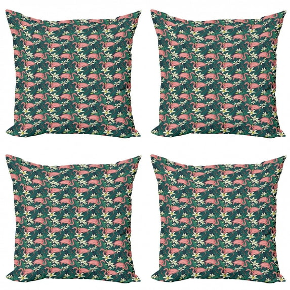 Ambesonne Flamingo Throw Pillow Cover 4 Pack, Tropic Nature Wildlife, 18", Multicolor
