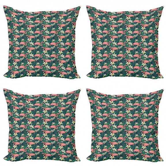 Ambesonne Flamingo Throw Pillow Cover 4 Pack, Tropic Nature Wildlife, 18", Multicolor