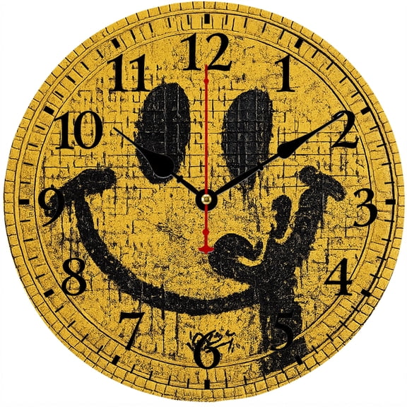 Yellow Smiley Face Wall Clock, 9.84 Inch Vintage Grunge Decorative Battery Operated Analog Clock with Large Numbers for Bedroom, Living Room, Kitchen, Office, Classroom