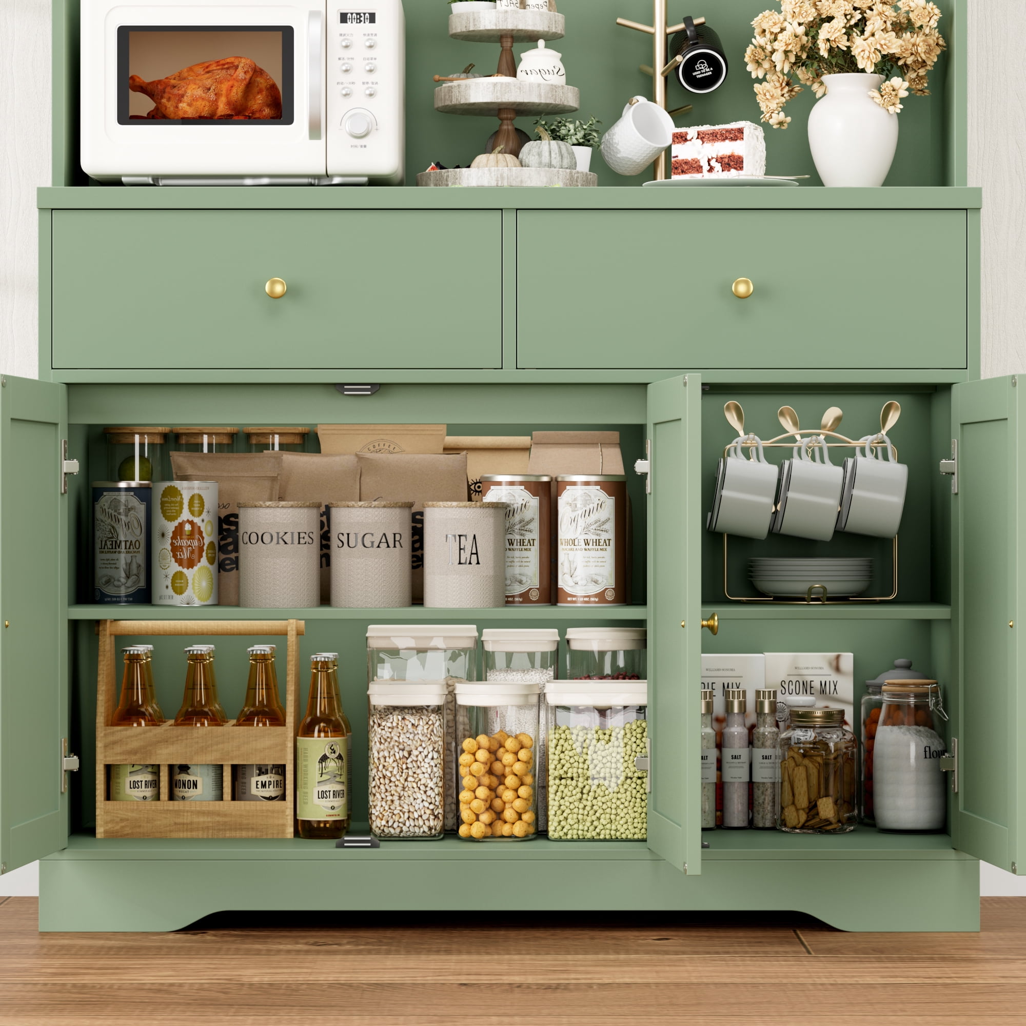 Hiphuta 71"in Modern Kitchen Pantry Storage Cabinet, Freestanding Kitchen Hutch Cabinet with Adjustable Shelves & Microwave Stand, Modern Coffee Hutch for Dining Room, Green