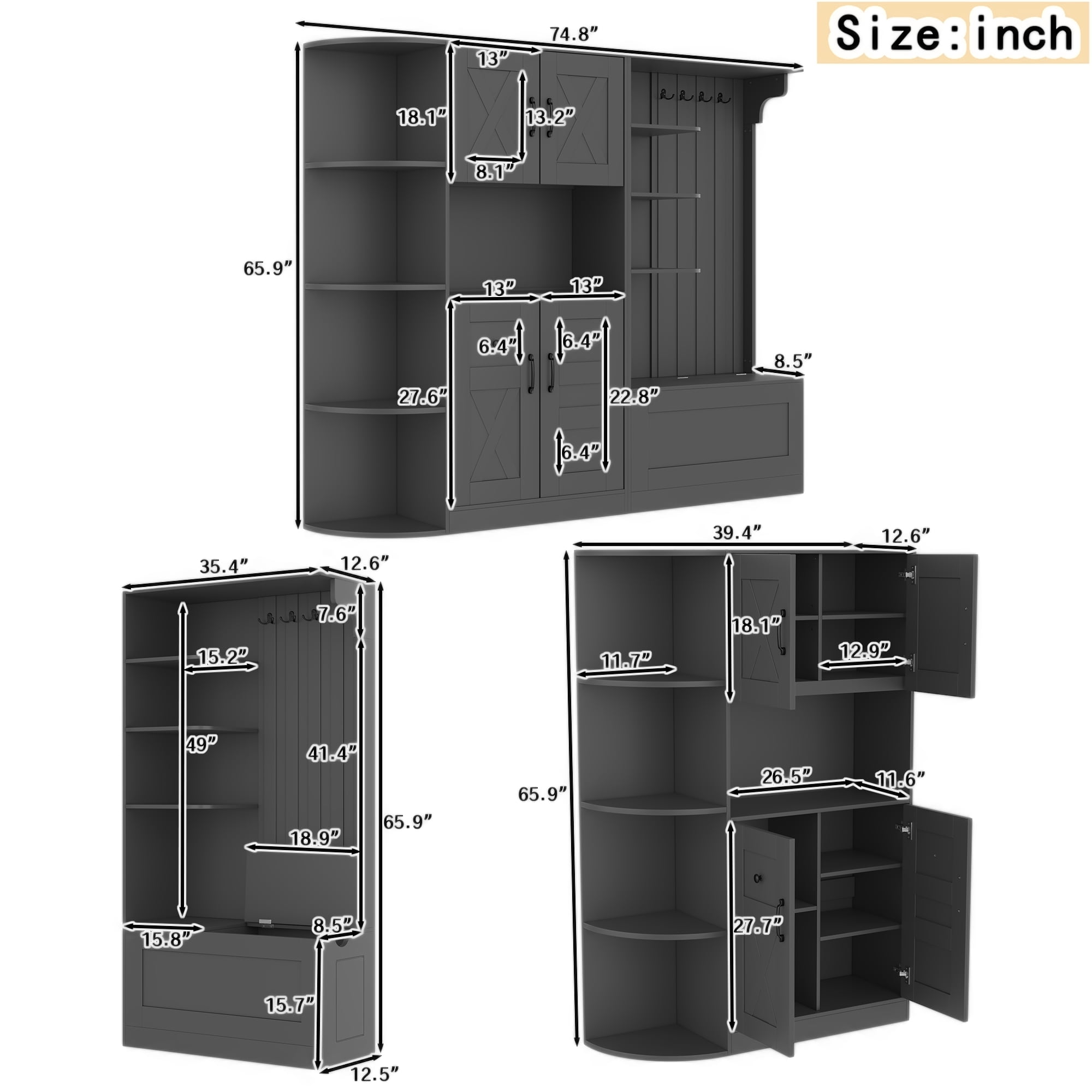 T-Foyer Farmhouse Black Detachable Hall Tree with 4 Hooks & Bench, Wooden Rustic Entryway Organizer with Open Storage & 2 Cabinets