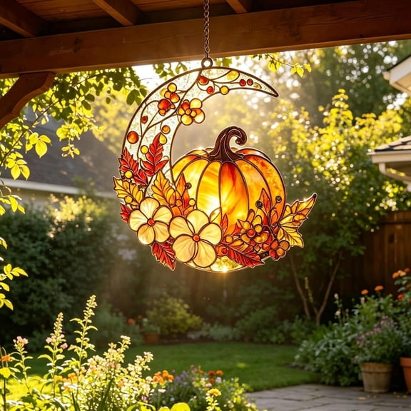 Stained Glass Pumpkin Moon Suncatcheres, 2D Acrylic Crescent Moon Suncatcher, Halloween Pumpkin Suncatcher with Flowers and Leaves, Autumn Window Hanging Ornament for Kitchen or Living Room (A)