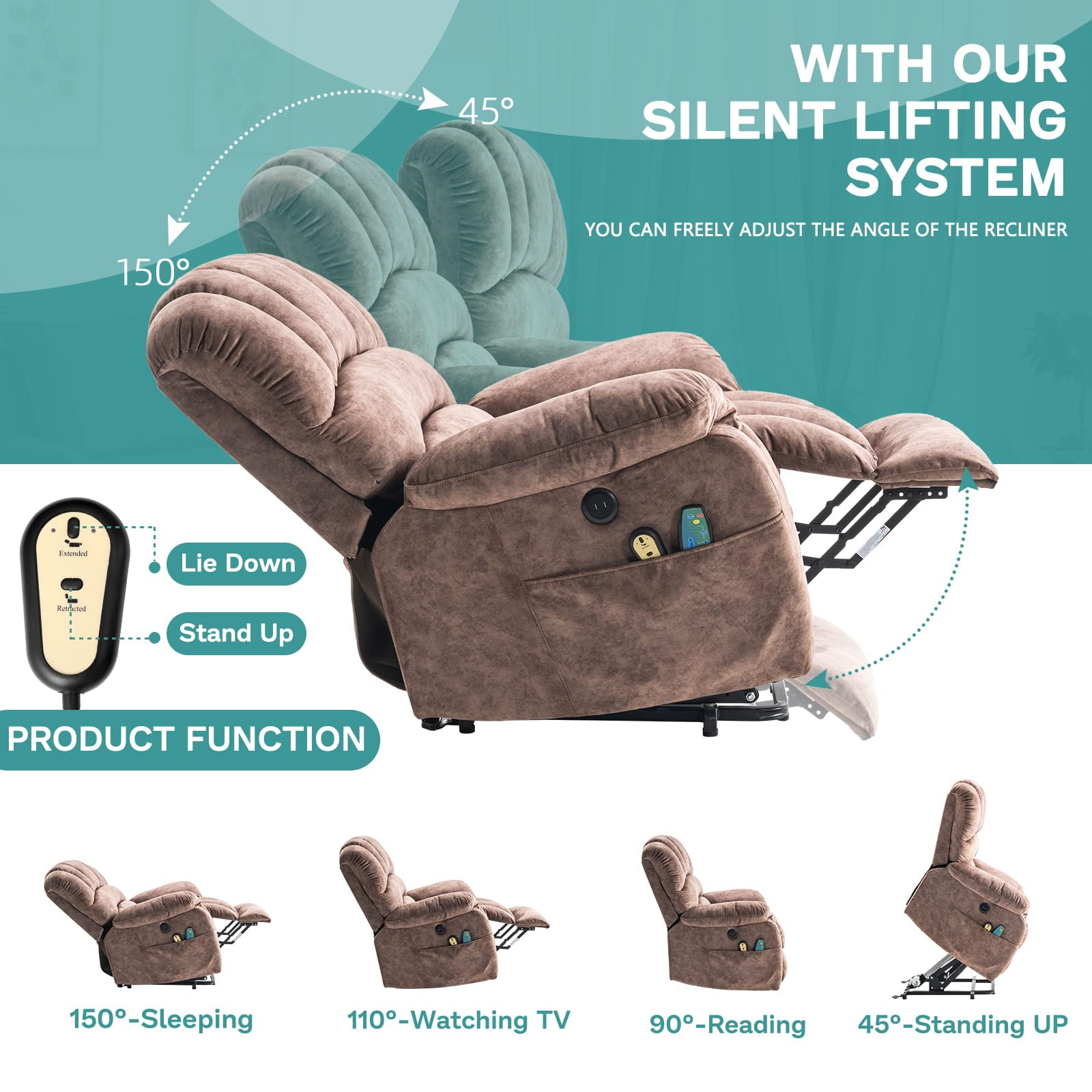 MEETWARM Large Power Lift Electric Recliner Chair with Massage and Heat, Overstuffed Wide Recliner for Elderly Big People, Heavy Duty Recliners with 2 Remote Controls, USB Ports, 2 Side Pocket (Brown)