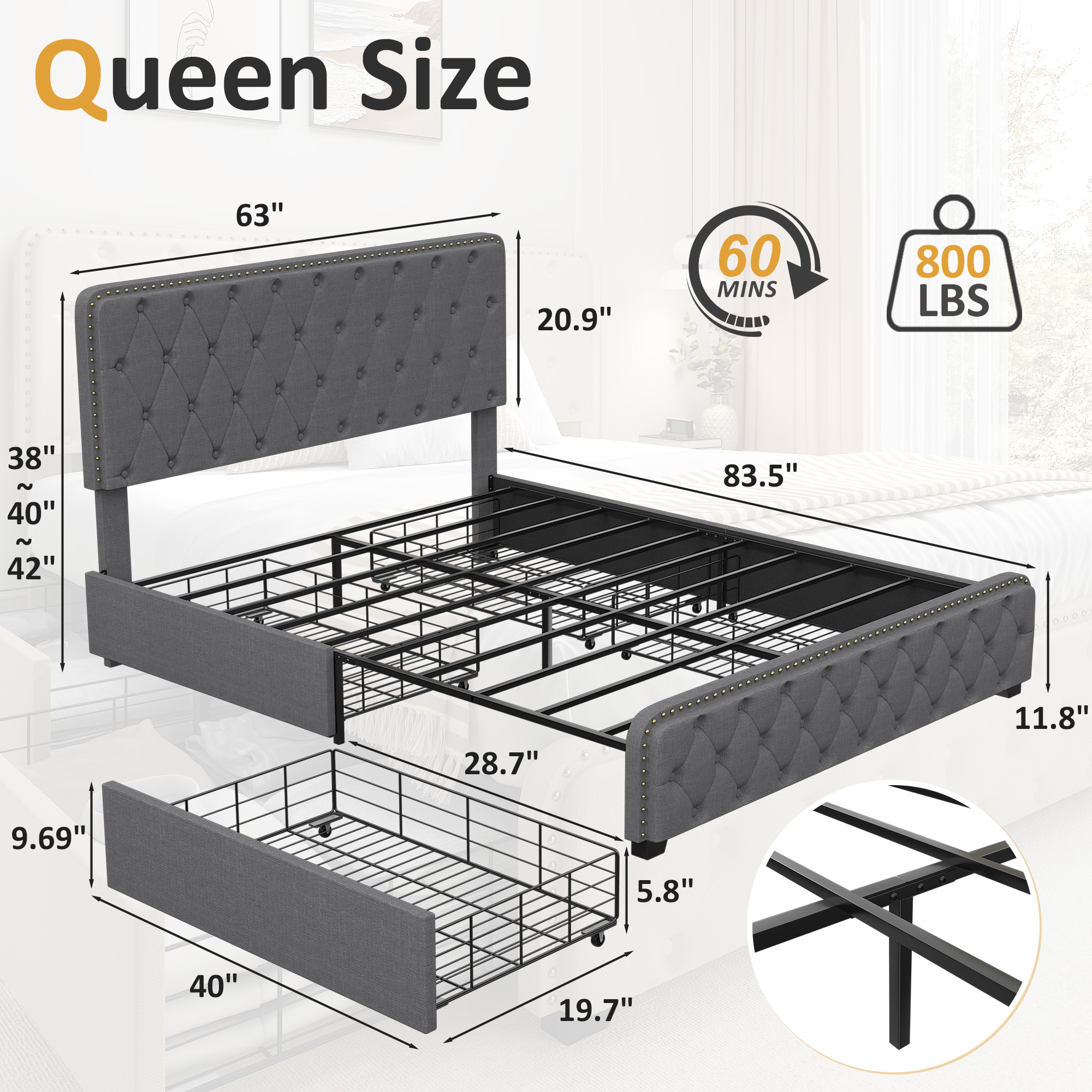 Lifezone Queen Size Platform Bed Frame with 4 Storage Drawers and Upholestered Headboard, Dark Grey