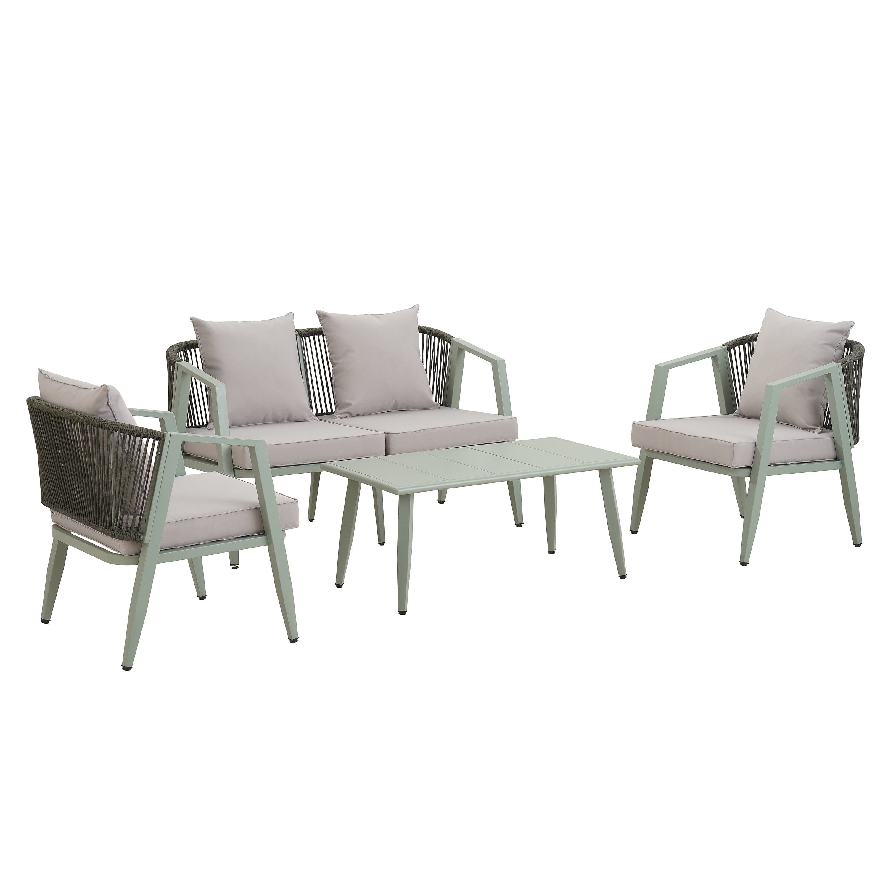 YIORTWO 4-Piece Outdoor Patio Furniture Set, Iron Frame Bistro Set with Cushioned Seating, Includes Table & Bench, for Garden, Poolside, Balcony - Green