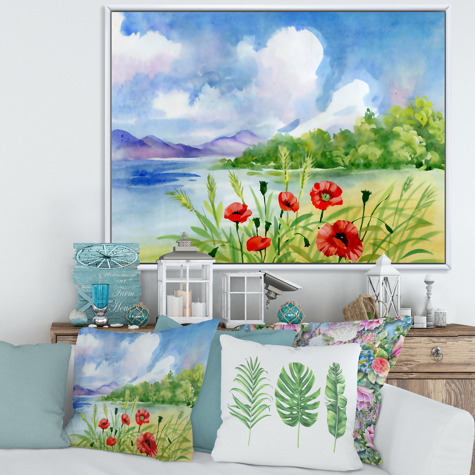 Designart 'Red Tulips On The Bank Near A River Mountain' Lake House Framed Canvas Wall Art Print
