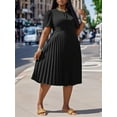thumbnail image 3 of Plus Size Women's Solid Color Short Puff Sleeve Pleated Hem Dress Coffee Brown Casual Dress, 3 of 12