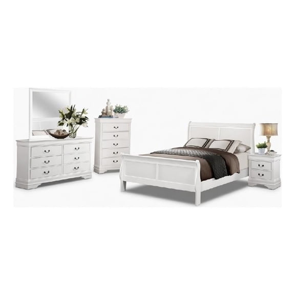 Full Size Bedroom Set-White-5-Piece Set with Bed-Dresser-Mirror-Chest-Nightstand