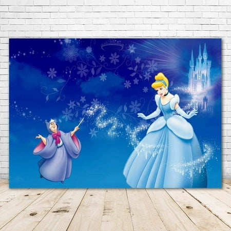 Image of Princess Cinderella Backdrop for Birthday Party 7x5 Baby Blue Background Silver Castle Cinderella Baby