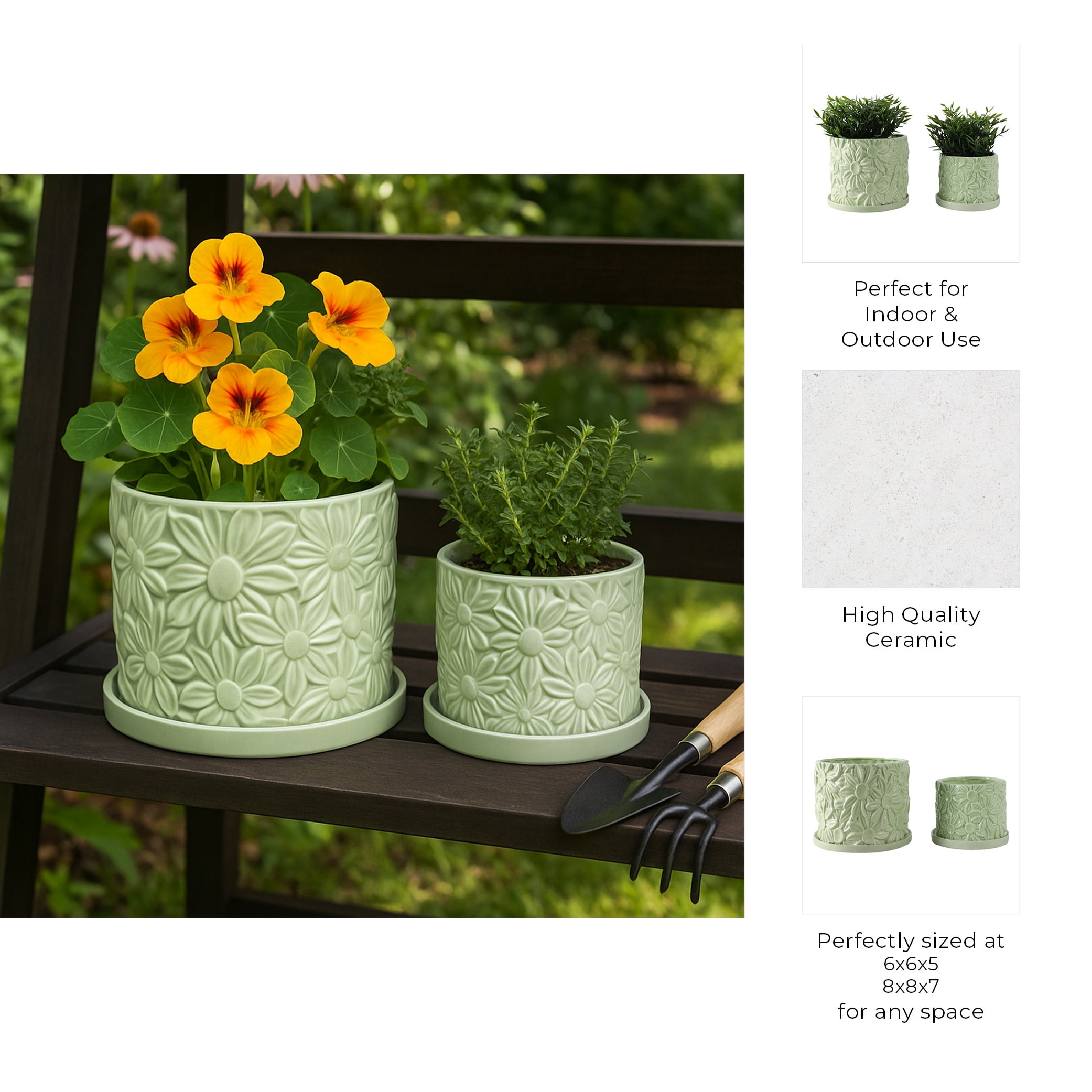 Decorative Daisy Flower Pot Planter for Home Decor - Stylish Indoor and Outdoor Pots for Plants - Chic Modern Plant Pots for Living Room, Patio, or Plant Stand Indoor - Set of 2, 7", 5", Green
