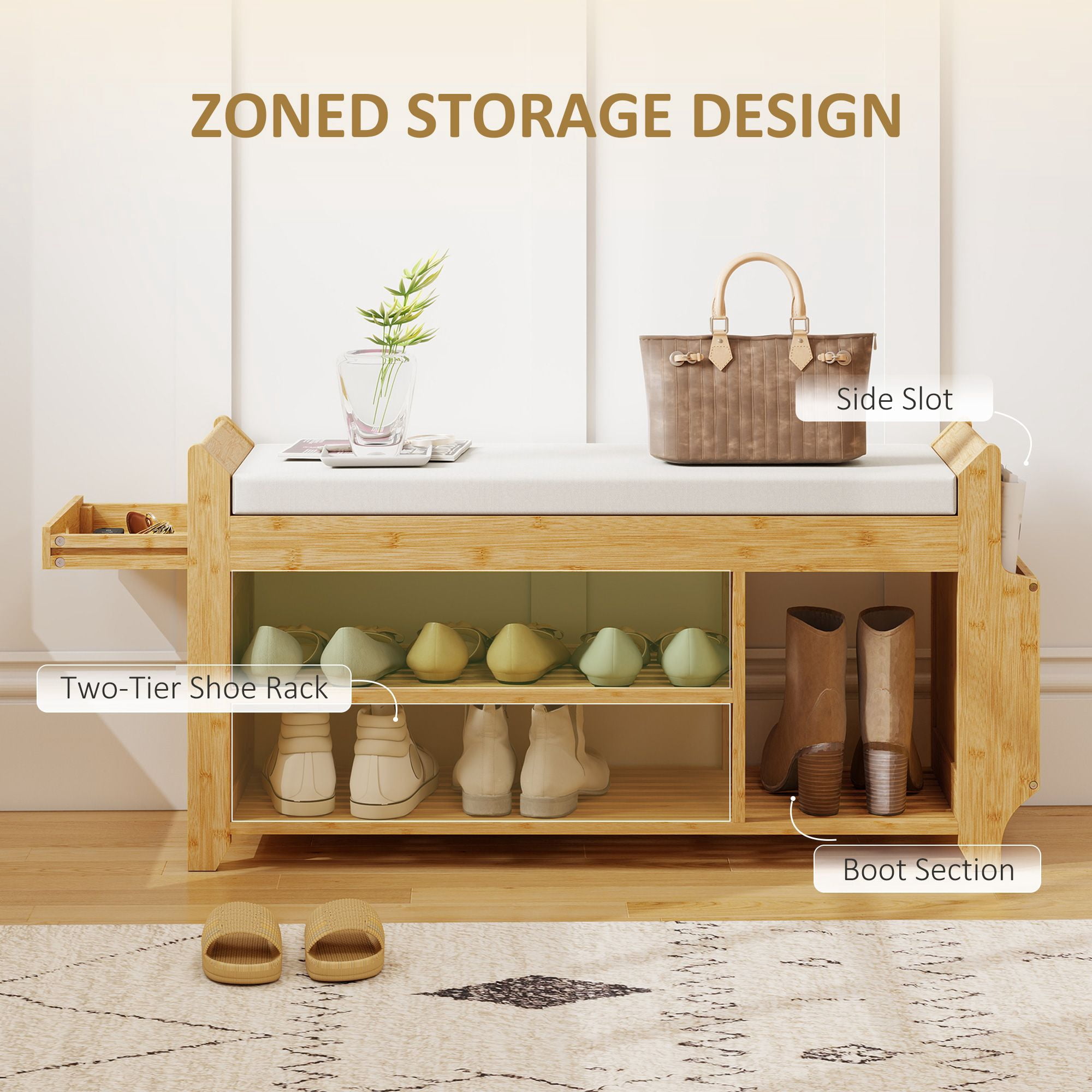 Bamboo Entryway Shoe Storage Bench with Cushioned Seat, Zoned Shoe & Boot Shelves Side Umbrella Compartment Slim 11.8in Depth Hallway Organizer Supports 352lbs Natural Cream