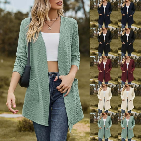 Lovskoo Cardigan Sweaters for Women Open Front Fall Spring Coat Long Sleeve Pocket Blouse Clothing Loose Oversized Winter Outerwear Tops Beige