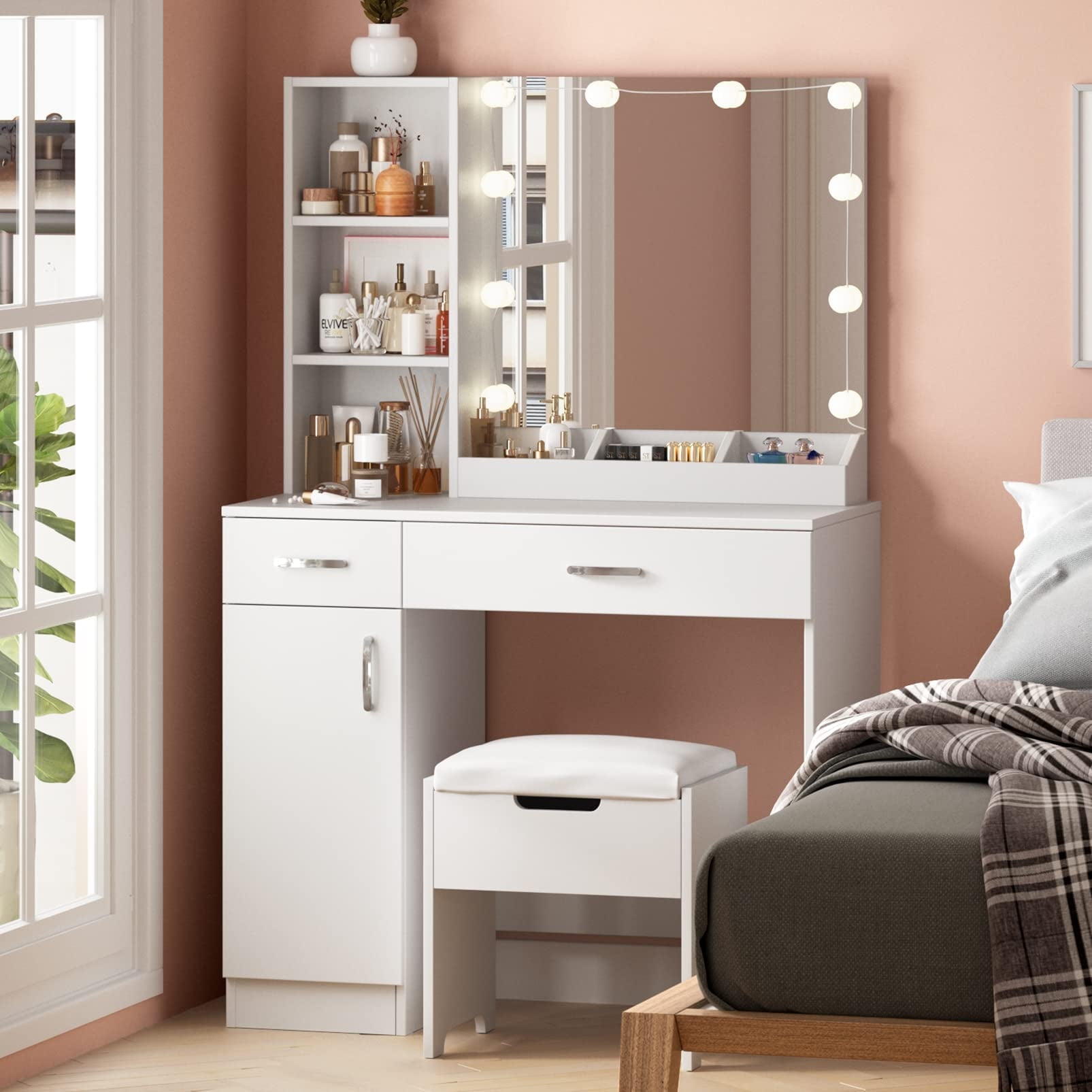 VEANERWOOD Vanity Desk Set with 3 Color Lighted Mirror, Makeup Table with Comfortable Cushioned Stool, Dressing Table Set with 3 Storage Compartments & Large Drawers, White