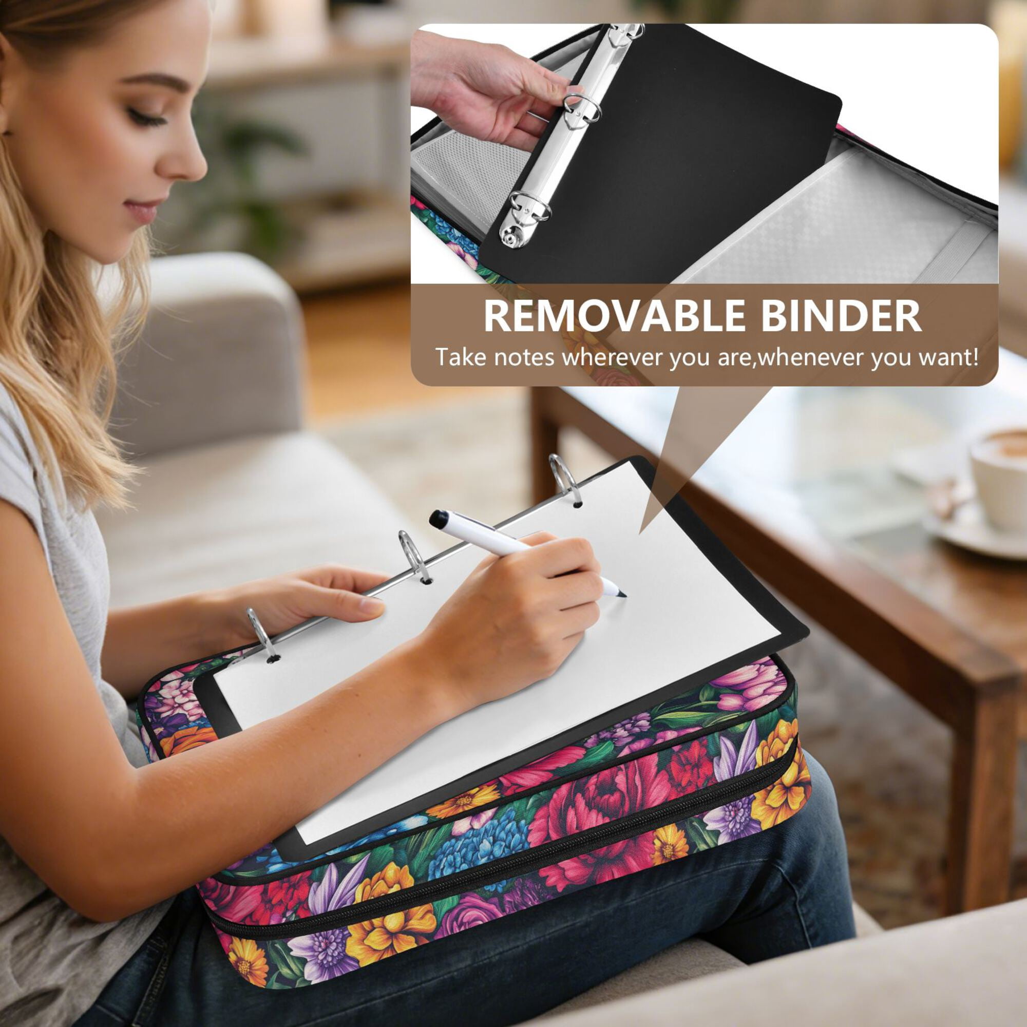 FORMRS Accordion File Folder A4 Size 7-Pocket Expanding Document Organizer Bag with 3 Ring Binder, Charming Floral Pattern