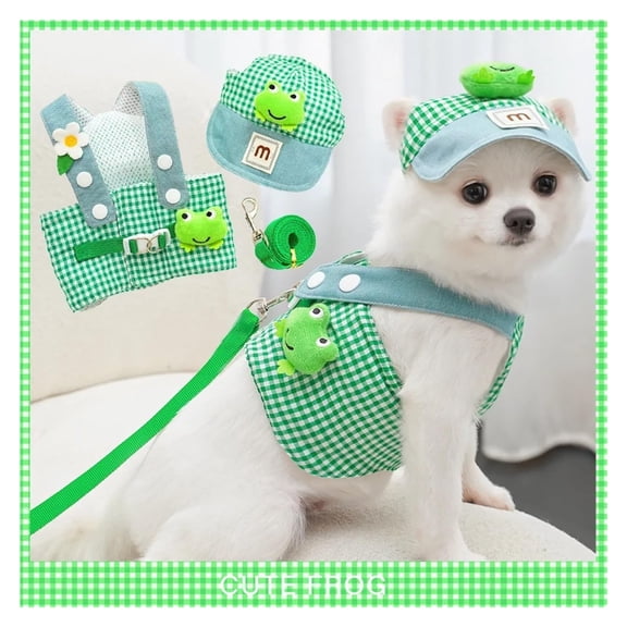 Cartoon Pet Leash and Sun Hat Set 16pcs Outdoor Summer Costume Accessories for Small Dogs and Cats Suitable for Puppy Kitten Toy Breed Cats(M,Green)