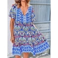 thumbnail image 6 of Women'S V Neck Patchwork Dress Bohemian Print Mini Skirt Summer Casual Beach Chic Blue L, 6 of 8