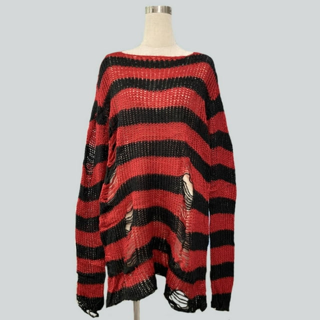Loose Oversized Striped Knitwear for Women Mid Length Pullover with Subtle Openwork Lightweight Cozy Sweater