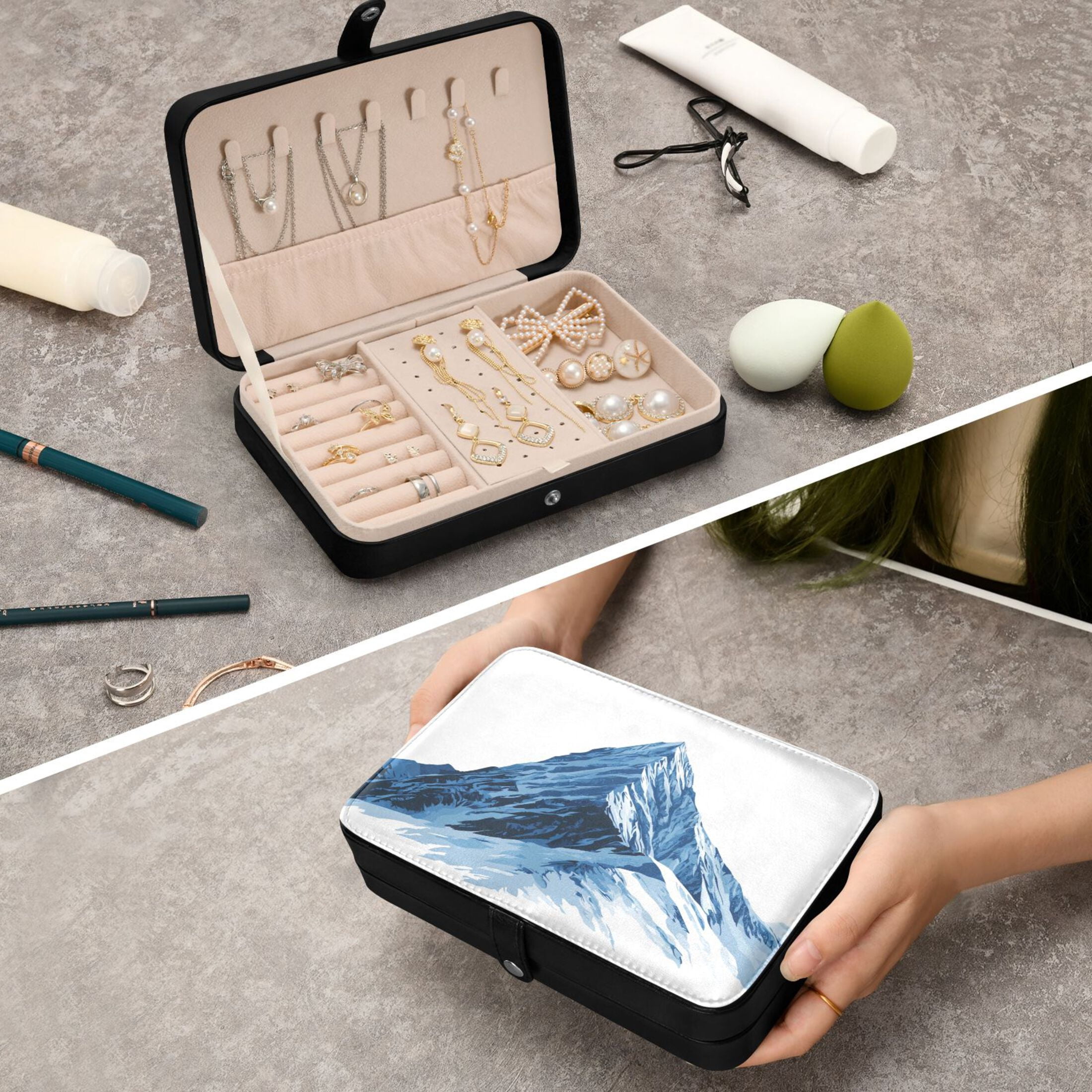 Leather Jewelry Box Rectangular 8.27x5.5x1.78In Travel Jewelry Storage Earrings Necklace Bracelet Watch Brooch Storage Blue Peak