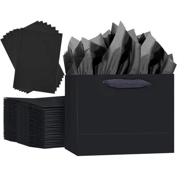 5 Pack Black Gift Bags with Ribbon Handles 11"x 8.7"x 3.9" Medium Size Gift Bags (10 Pcs Tissue Paper included, Medium Wide)