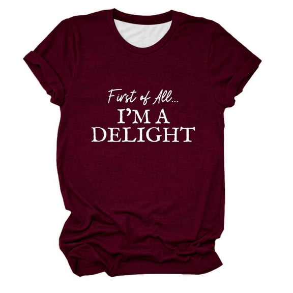 Wang6 Womens Plus Size Short Sleeve T-Shirts Summer First of All I'm a Delight Letter Printed Tops Causal Trendy Loose Fit Going out Tees Shirts 0520liWine XL