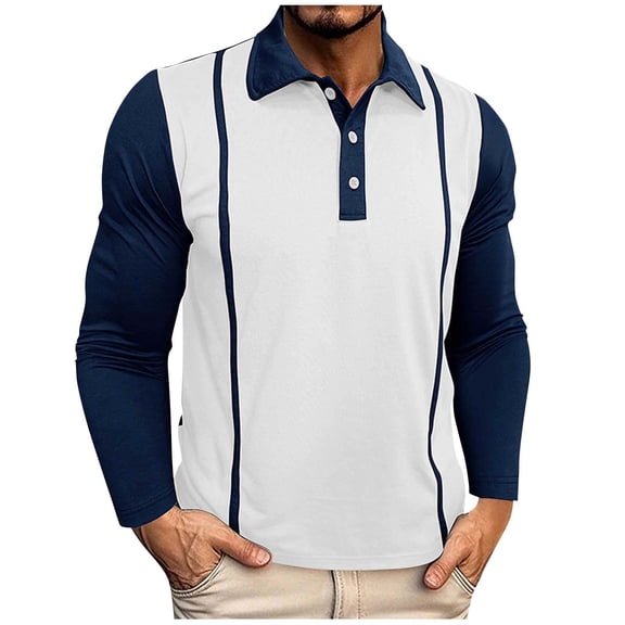fatyb Mens Long Sleeve Golf Shirts Color Block Collared T-Shirts Button up Vintage Work Blouses for Men