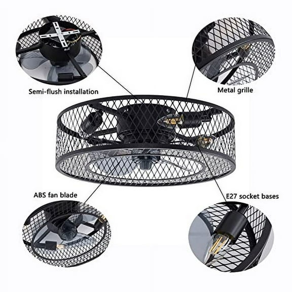 OUKANING Caged Ceiling Fan Light Kit 18", 3 Speeds Adjustable, Ceiling Fan Lights with Remote, Industrial Ceiling Fans for Living Room, Bedroom, Kitchen, 4 x E27 Bulb Base (No Bulb