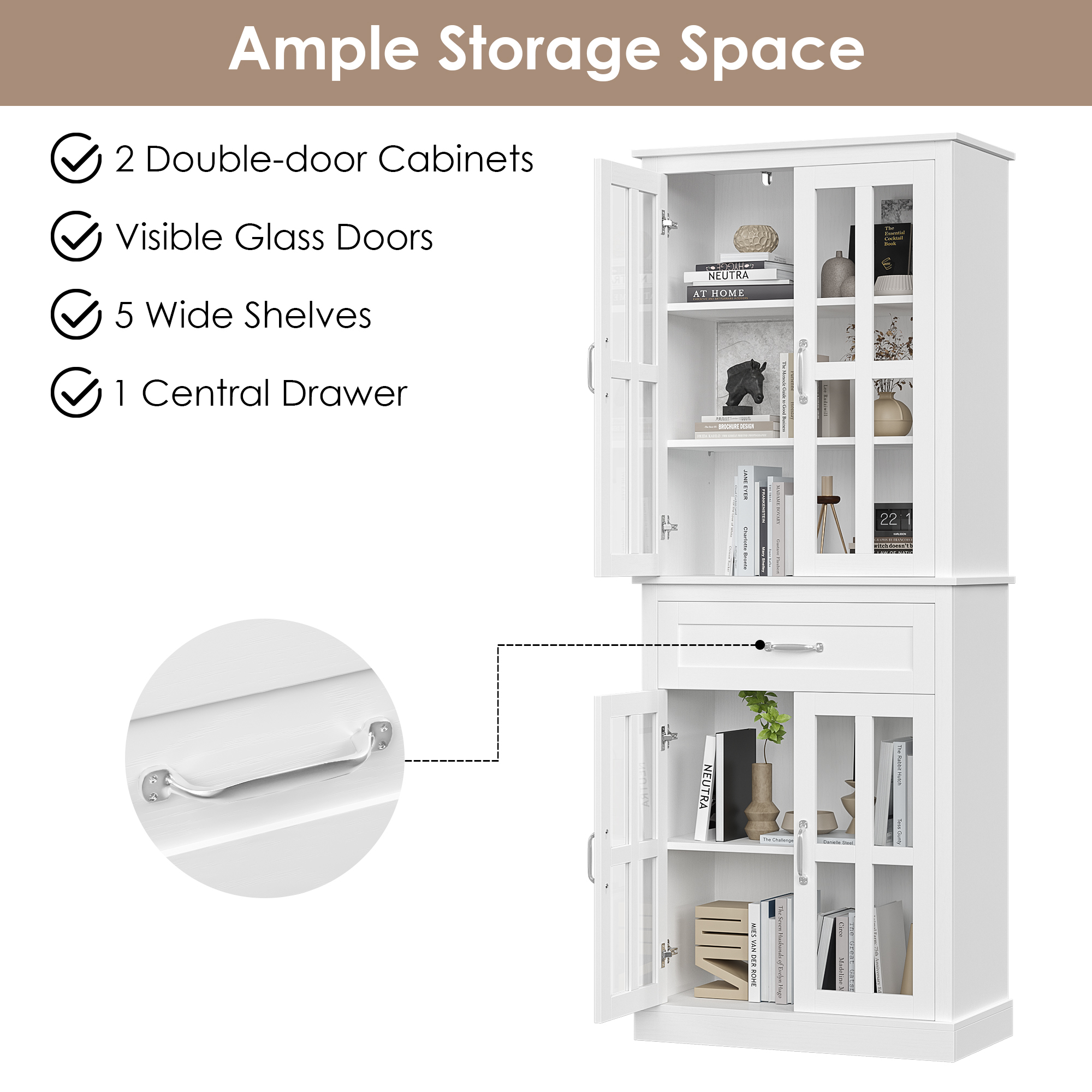 Homfa Bathroom Floor Linen Cabinet with 4 Glass Doors, 71'' Storage Pantry Cabinet with Adjustable Shelves for Kitchen, White - image 2 of 7