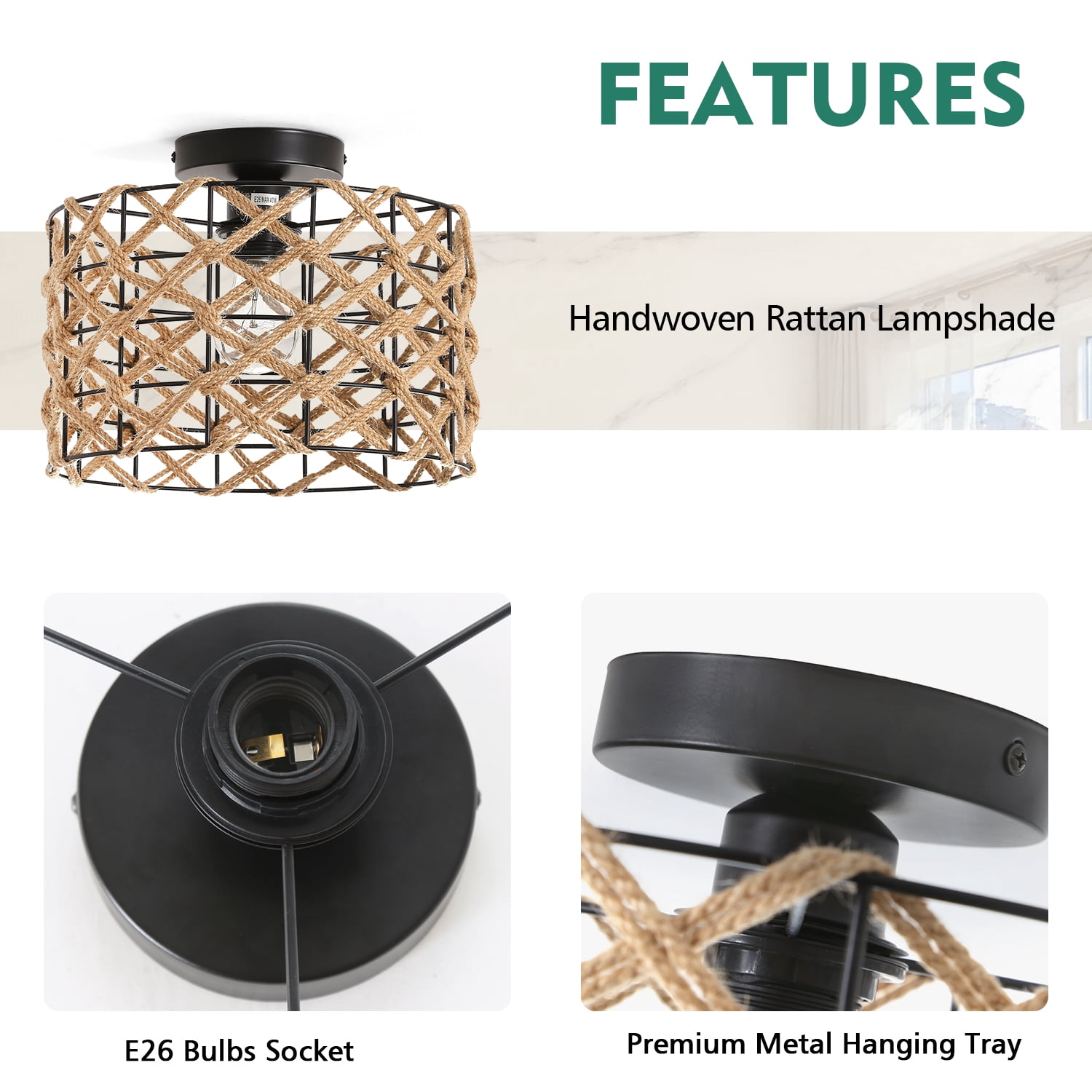 JOPESO Rattan Ceiling Light Fixtures, Bohemian Hand-Woven Flush Mount Ceiling Light for Farmhouse Kitchen Bedroom Living Room Dining Room
