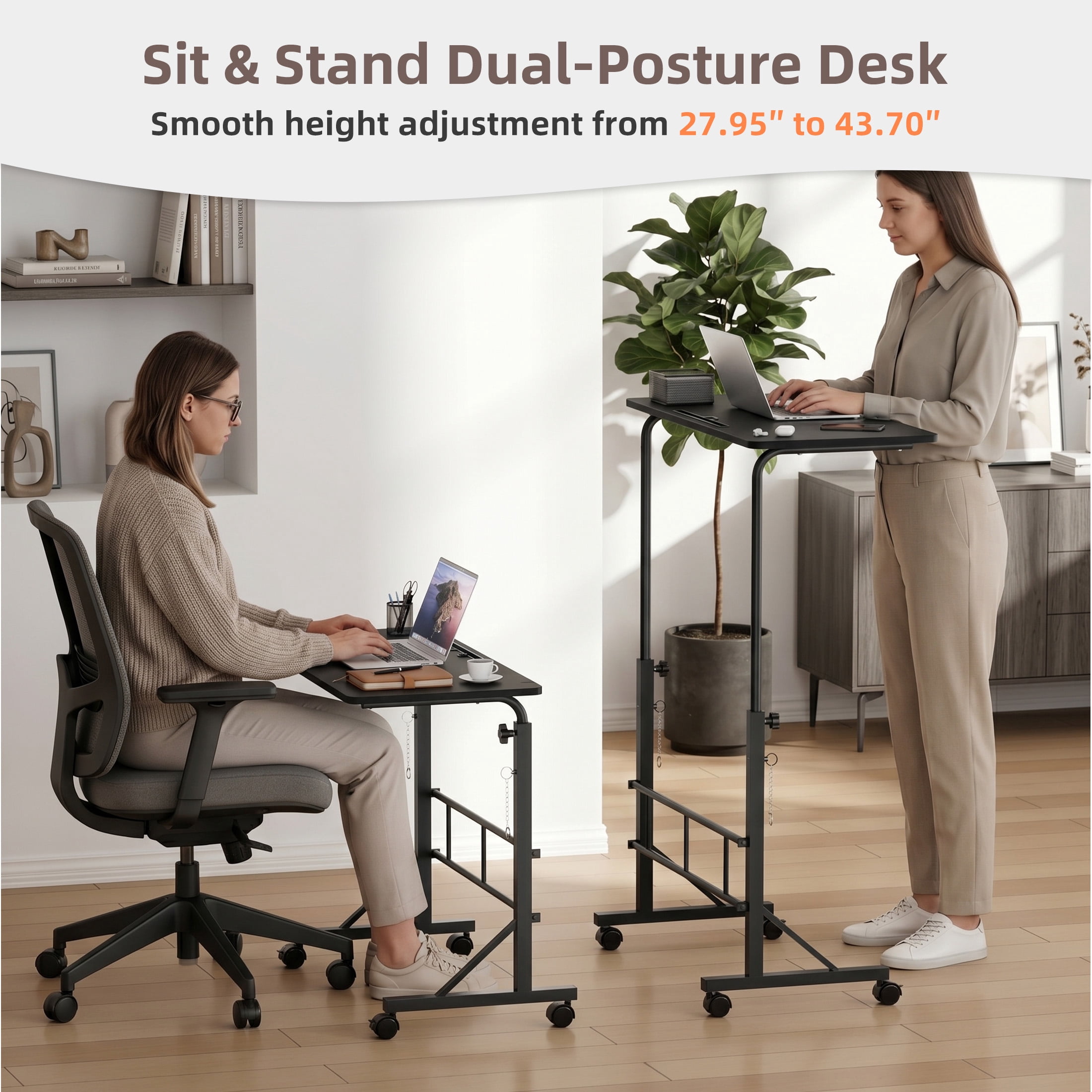 CONCETTA Adjustable Height Mobile Standing Desk with Wheels, 16"x31.5" Small Rolling Computer Desk for Home Office, Black