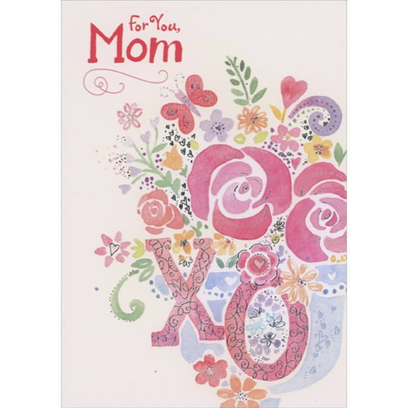 Designer Greetings Pink, Blue and Yellow Watercolor Flowers, Butterfly, X and O Valentine's Day Card for Mom