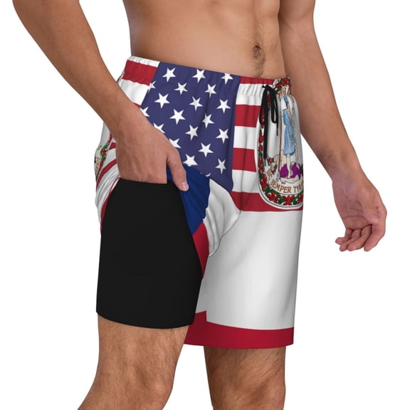 Mens Virginia Texas Flag Swimming Trunks with Compression Liner Beach Quick Dry Swim Shorts
