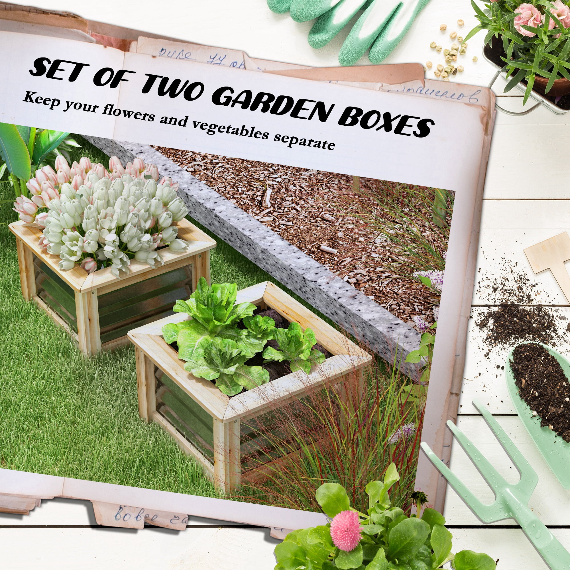 AsterOutdoor Raised Garden Bed Planter Box – Set of 2 – Galvanized Metal with Wood Reinforcement for Flowers, Herbs & Vegetables