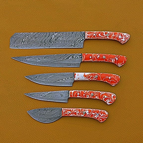 Smart & Sharp Custom Handmade Damascus Chef Knives Set/Kitchen Knives 5 Pieces Set 17397 (Orange and White Resin)