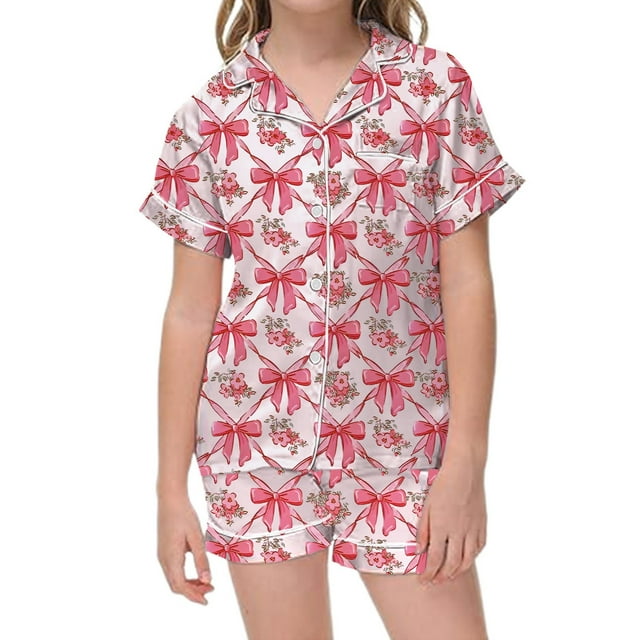 Ensemble de Pyjama en Satin pour Filles Confortable Deux Pièces avec Chemise Boutonnée Classique et Shorts