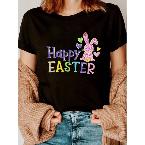 Plus Size Happy Easter Shirt Funny Cute Bunny Rabbit Graphic Short Sleeve Tee Top Print Crew Neck T-Shirt For Summer, Women's Soft Short Sleeve Top, Stylish Comfy Tee For Womens Graphic Tees Tee For