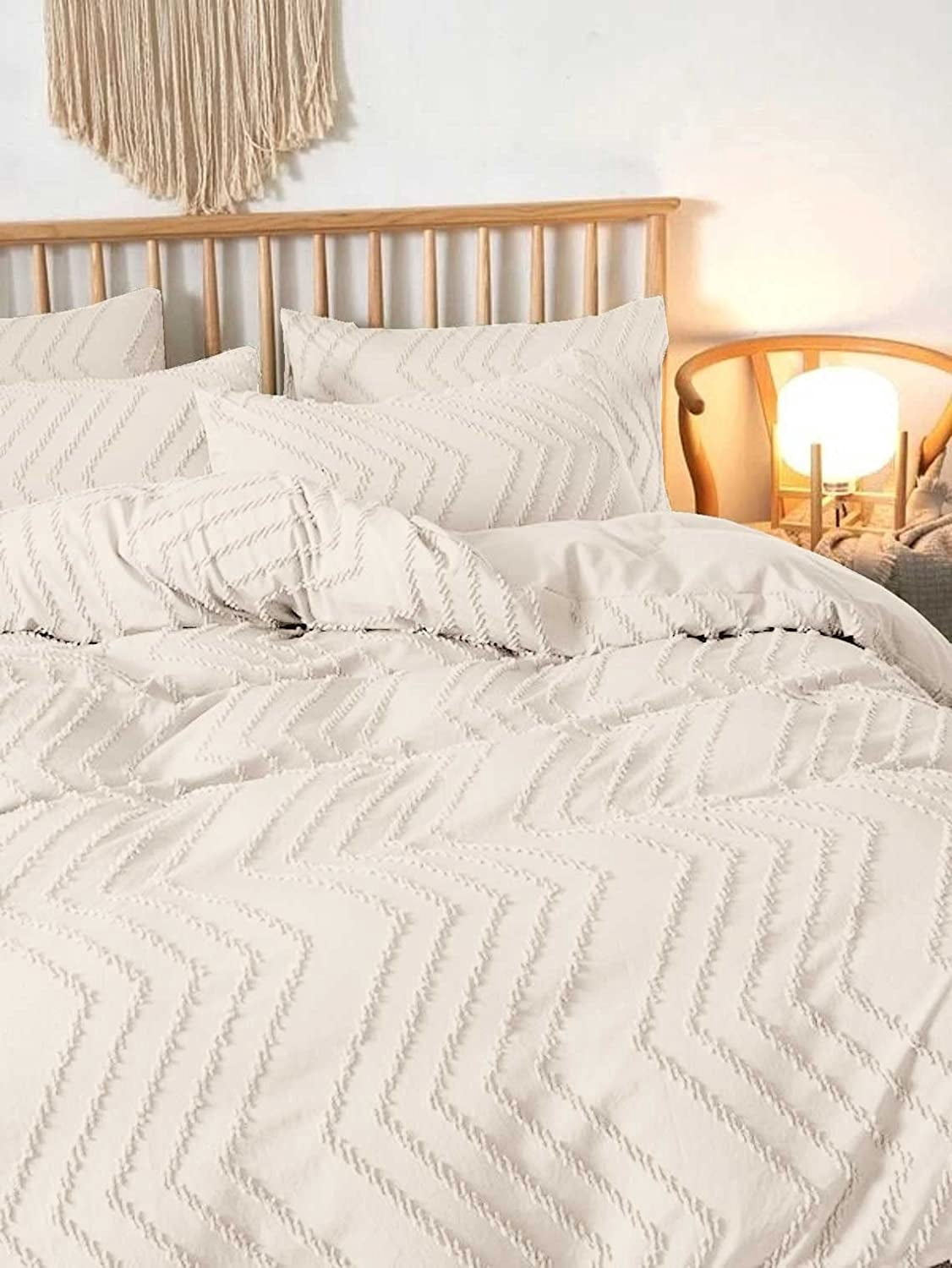 Seasonwood Queen Duvet Cover Beige Tufted Jacquard Microfiber Bedding Set 3pcs 90" x 90"