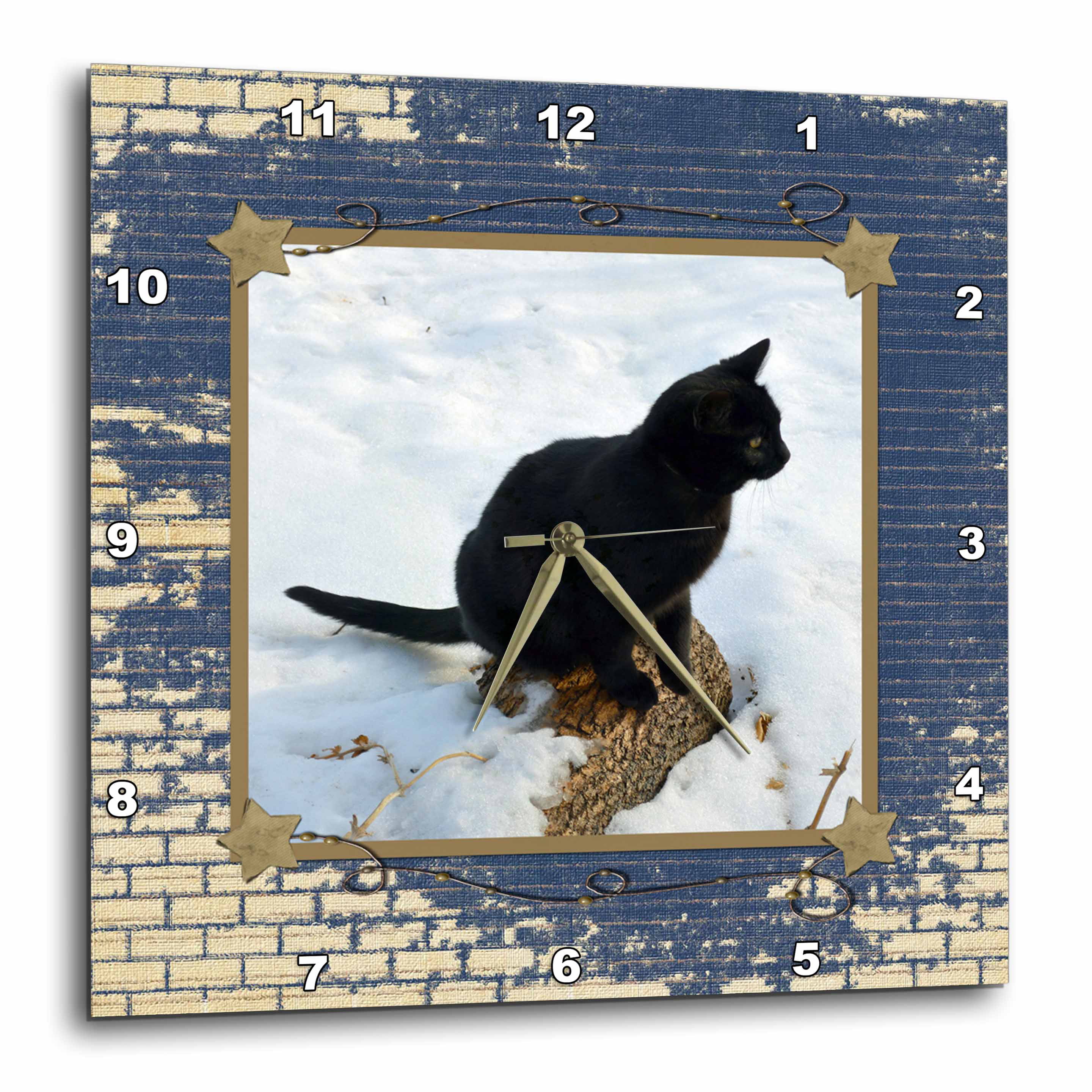 13 by 13-Inch 3dRose dpp/_180848/_2 Frisky Black Cat on Log in Snow Ready to Leap with Denim Blue Brick Frame-Wall Clock