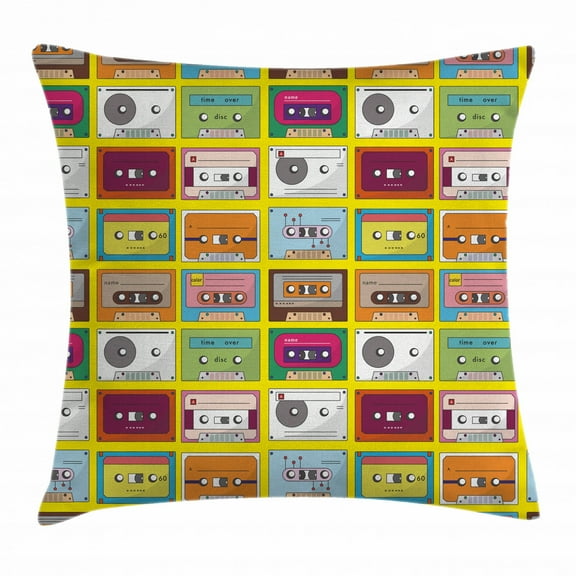 70s Party Decorations Throw Pillow Cushion Cover, Music Tape Artistic Pattern Audio Cassette Oldschool Record Analogue, Decorative Square Accent Pillow Case, 18 X 18 Inches, Multicolor, by Ambesonne