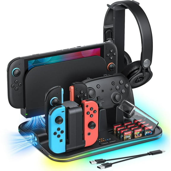 Charging Dock for Switch 2/1, Switch Cooling Fan for Nintendo Switch 2/1/OLED, Storage Stand for JoyCon 2/1 with 12 Card Slots, Controller/Headset Holder, 9 RGB Modes