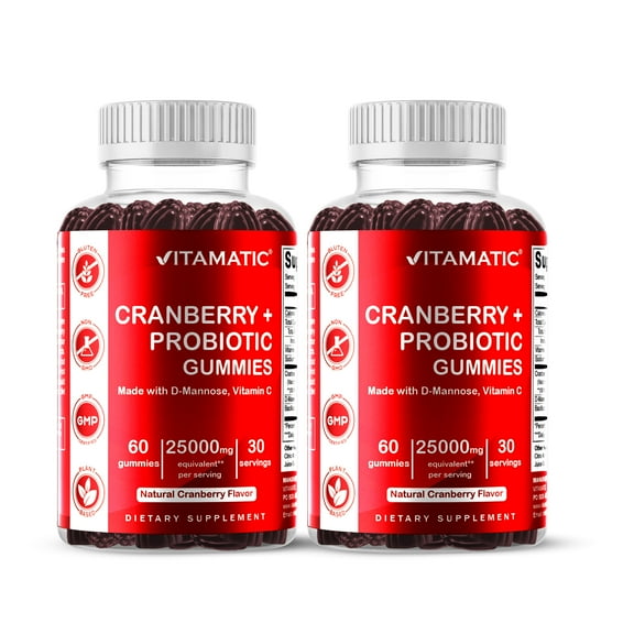 2 Pack - Vitamatic Vegan Cranberry Gummies, 1000mg per Serving - 60 Count - Supports Healthy Urinary Tract Function - (Non-GMO, Gluten Free)